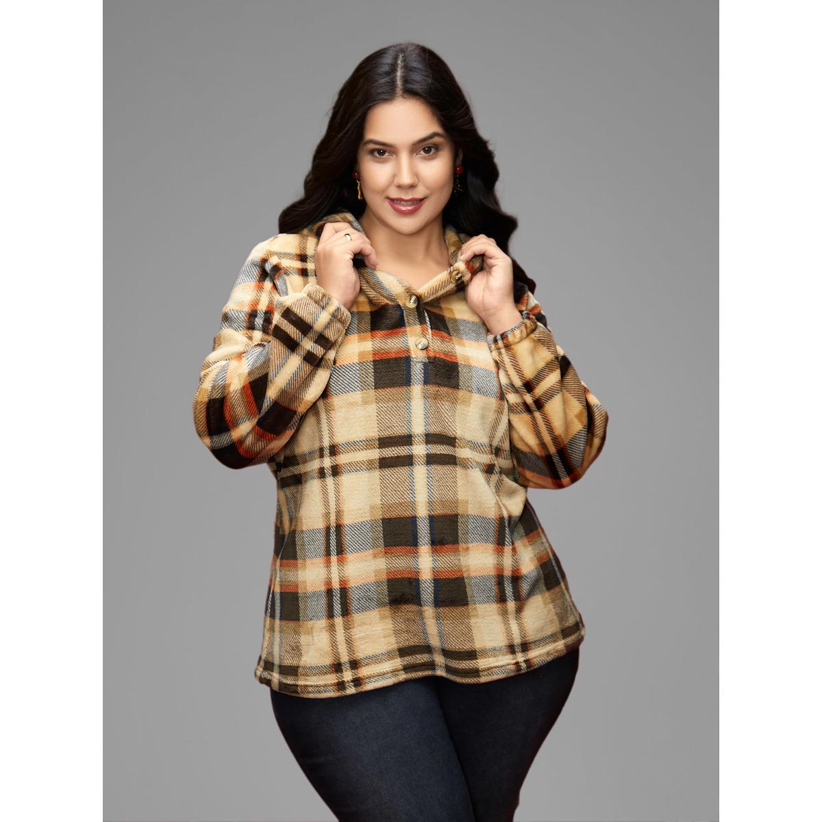 Plus Size Fuzzy Pullover Plaid Hoodie Women Multicolor Casual Button Loose Hooded Everyday Sweatshirts BloomChic 30/6X Product Image