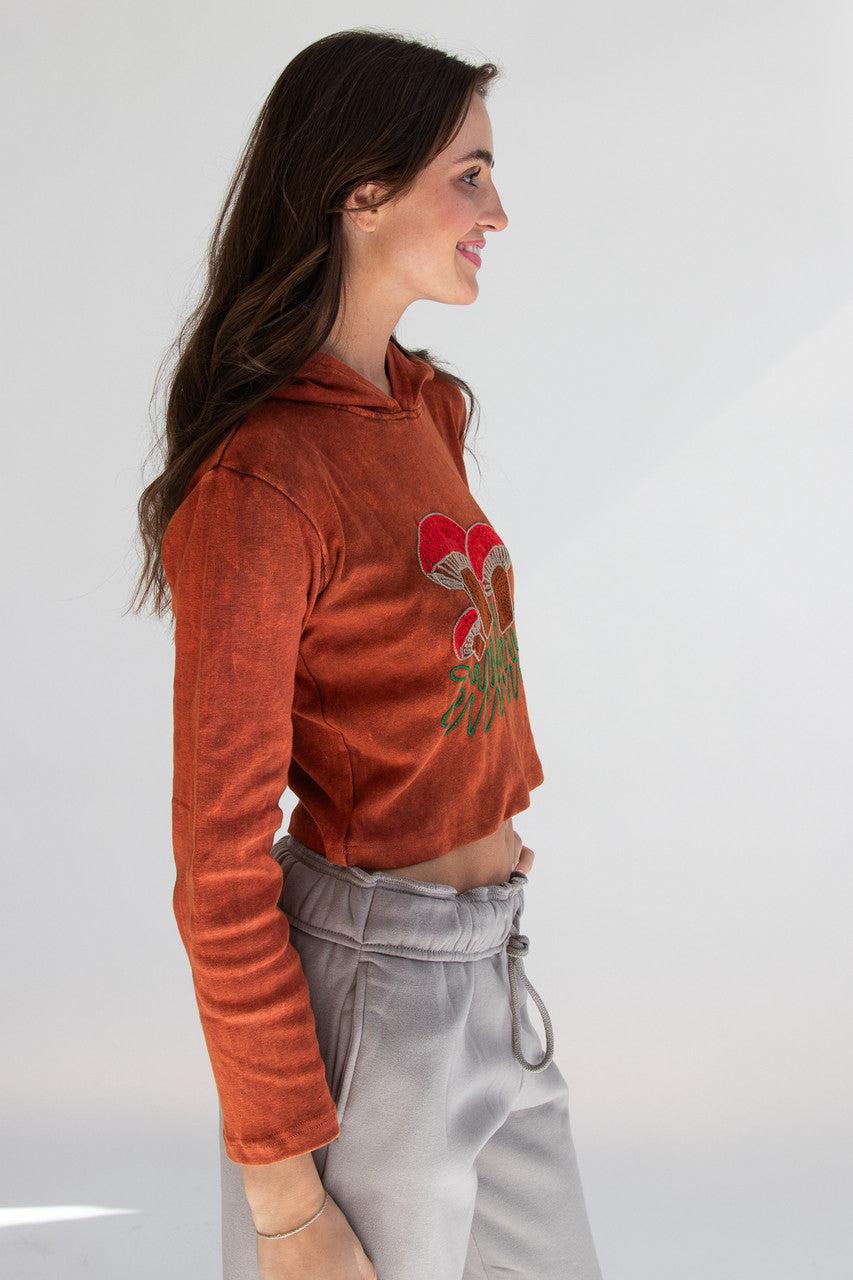 Embroidered Mushroom Mineral Wash Crop Hoodie Product Image