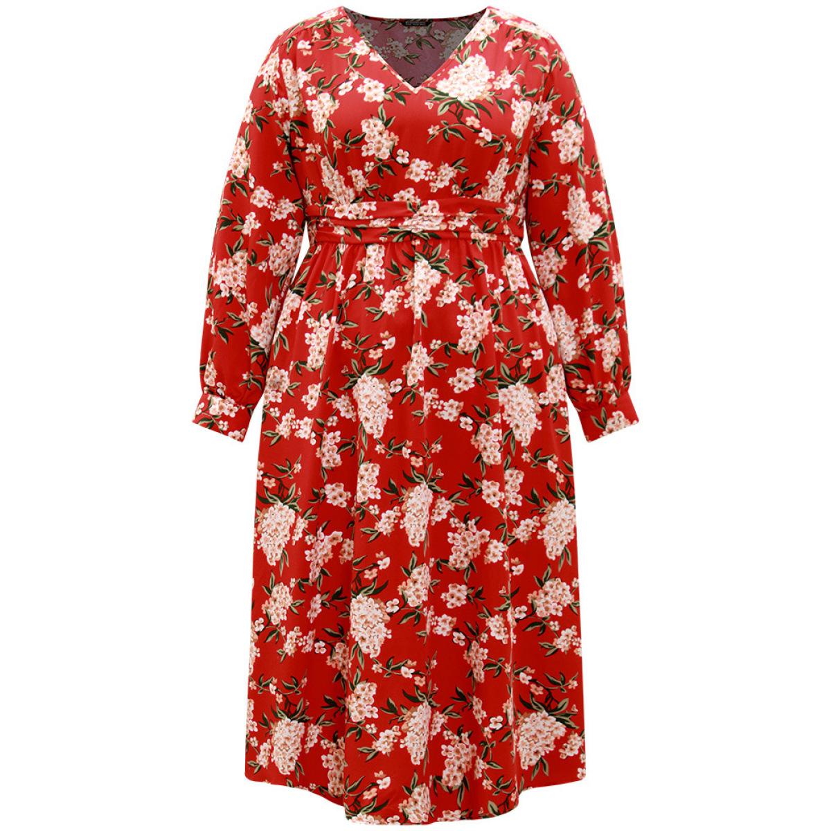 Plus Size Floral Print Ruched Pocket Pleated Dress Red Women Elegant Printed V-neck Long Sleeve Curvy Midi Dress BloomChic 14-16/1X Product Image