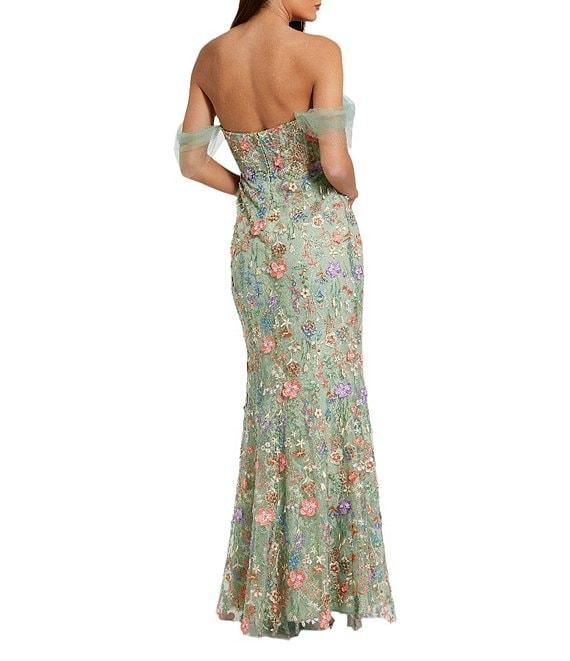 Mac Duggal Embroidered Floral Off-The-Shoulder Neck Draped Sleeve Gown Product Image