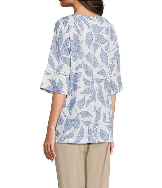 Ali Miles Knit Leaf Print Linen Blend V-Neck 3/4 Lace Sleeve Tunic Product Image