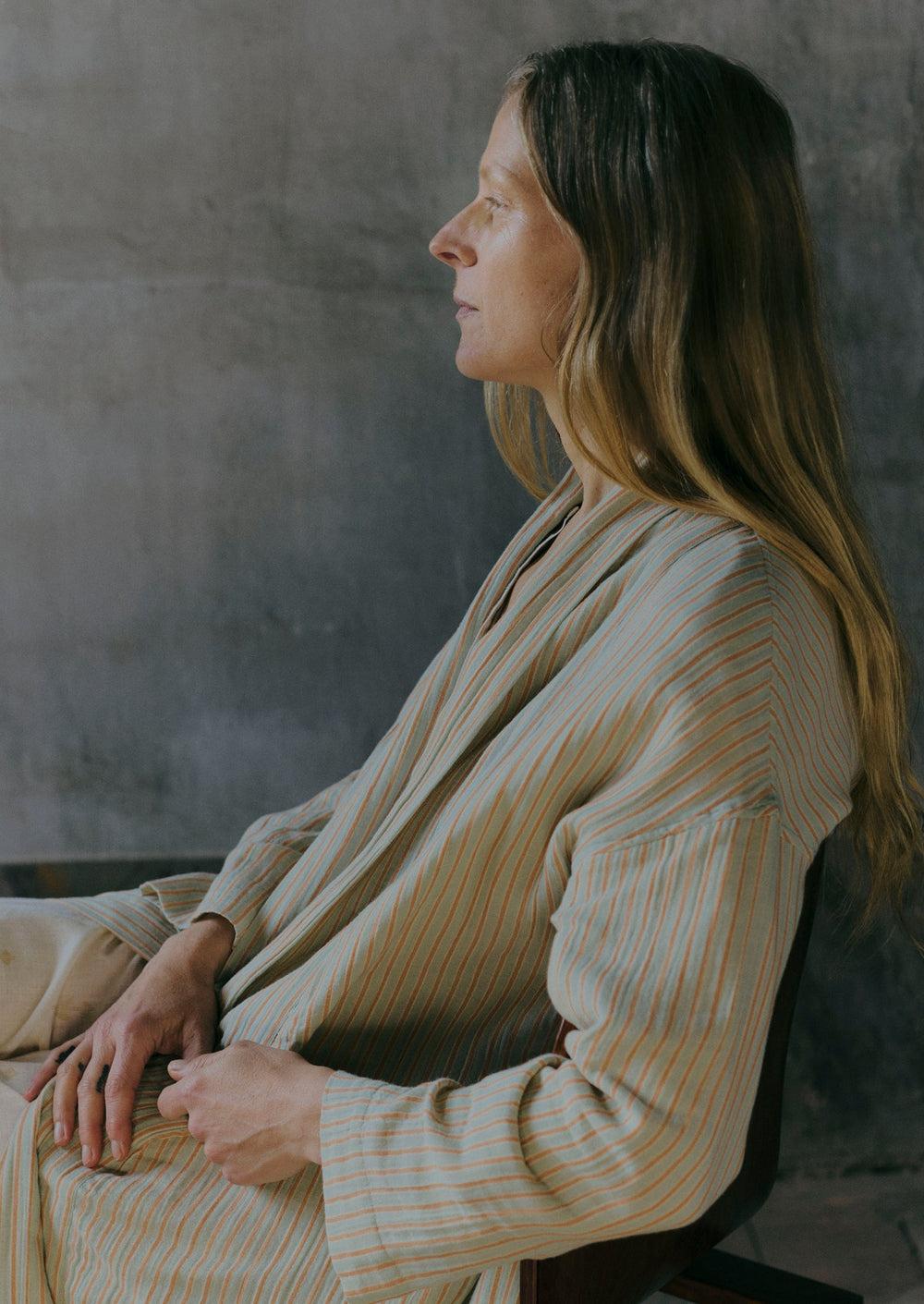 Stripe Crinkle Cotton Gown | Sage/Apricot Product Image