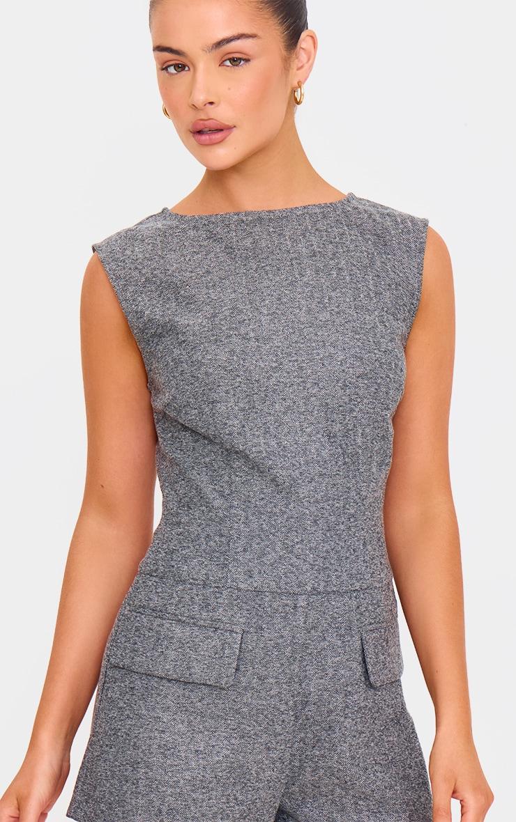 Grey Tweed Sleeveless Pocket Detail Romper Product Image