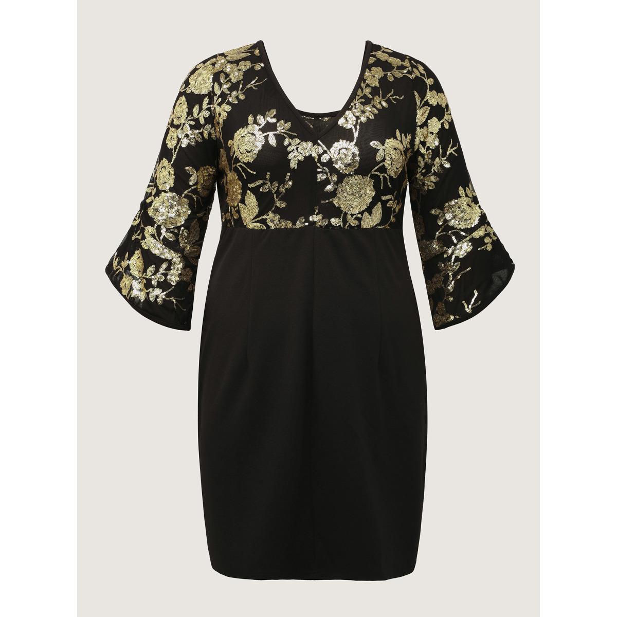 Plus Size Sequin Floral Cut-Out Drapey Knee-Length Dress Black Women Party&Cocktail Boat Neck Elbow-length sleeve Curvy BloomChic 12/L Product Image