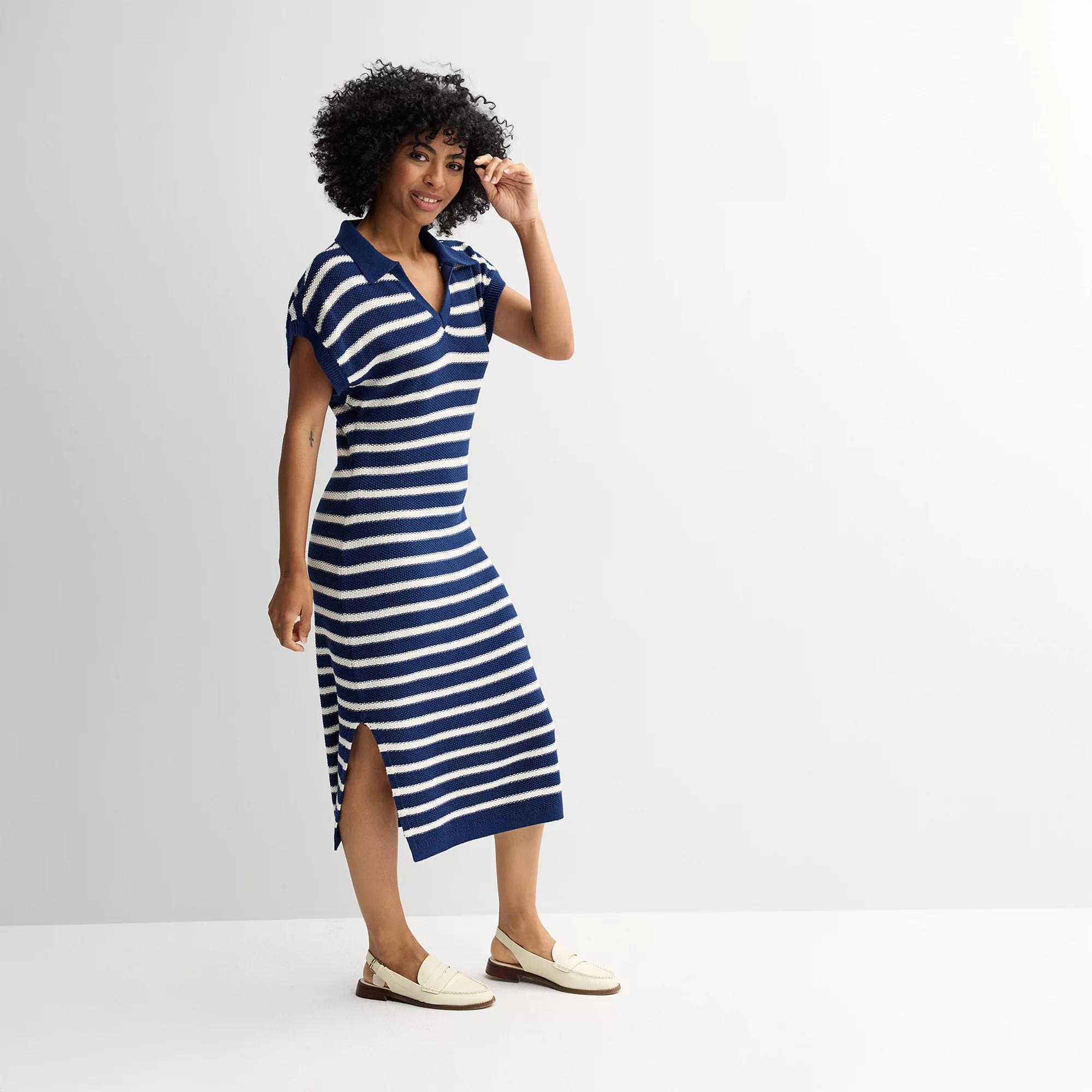 Women's Sonoma Goods For Life® Collared Sweater Dress, Size: Small, Navy Beige Stripe Product Image