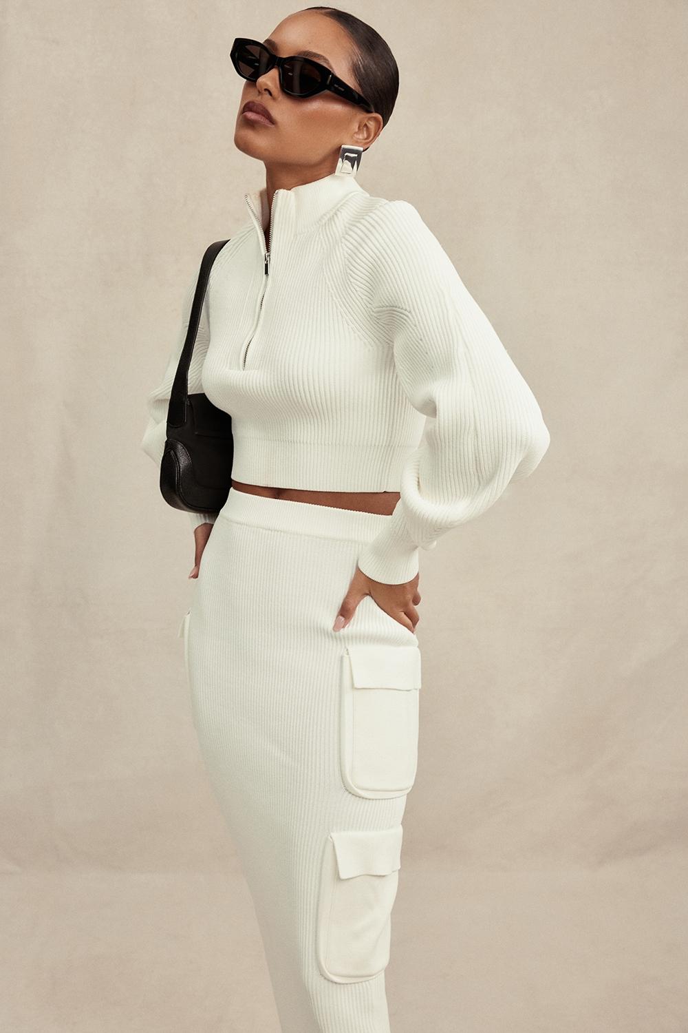 Reeva  white balloon sleeve ribbed sweater - sale Product Image