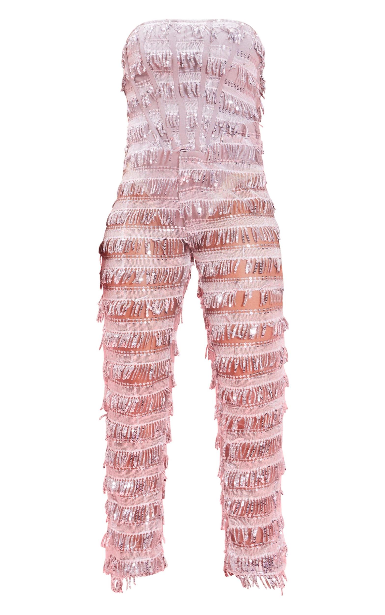 Silver Tassel Sequin Corset Bandeau Jumpsuit Product Image