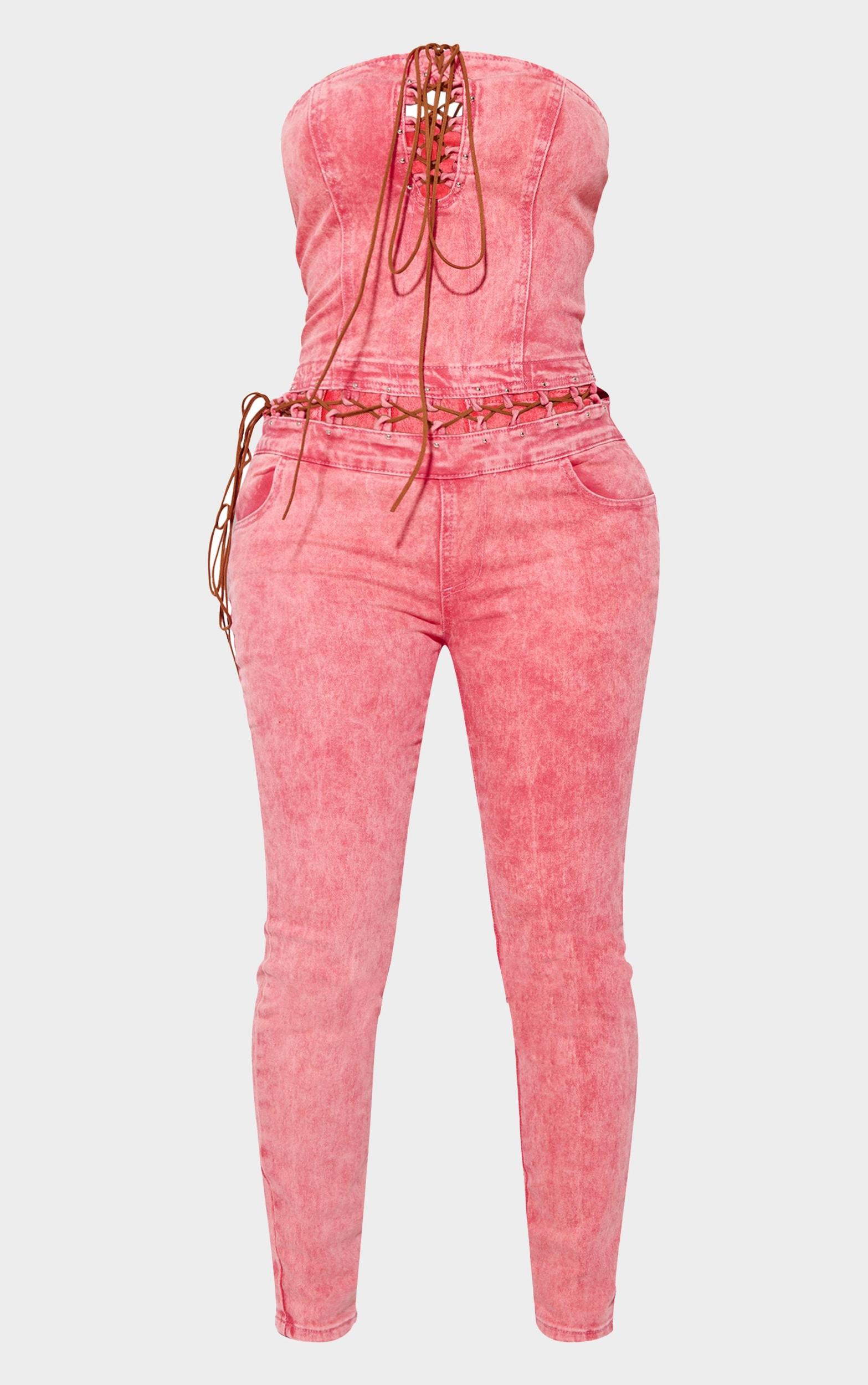 Shape Washed Red Denim Bandeau Lace Up Detail Jumpsuit Product Image