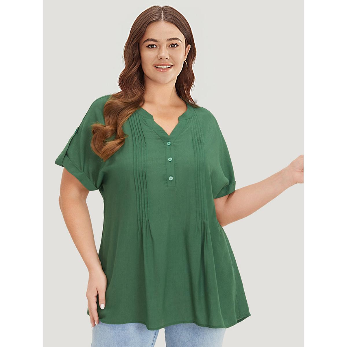 Plus Size ArmyGreen Solid Cuffed Sleeve Pleated Notched Blouse Women Elegant Short sleeve Notched collar Dailywear Blouses BloomChic 14-16/1X Product Image