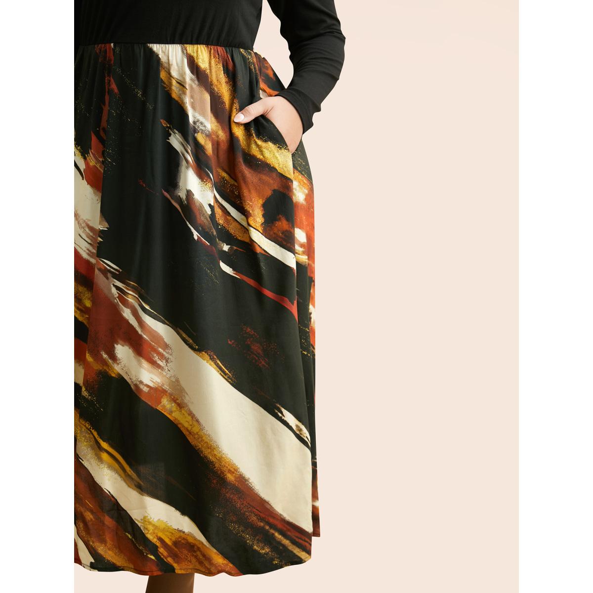 Plus Size V Neck Brush Print Patchwork Dress Black Women At the Office Patchwork V-neck Long Sleeve Curvy BloomChic 14-16/1X Product Image