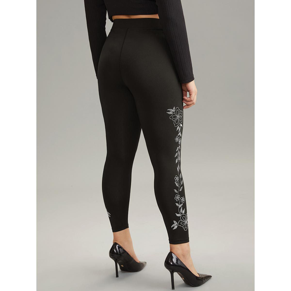 Plus Size Floral Rhinestone Patchwork High Rise Leggings Women Black Casual High stretch Skinny High Rise Dailywear Leggings BloomChic 28/5X Product Image