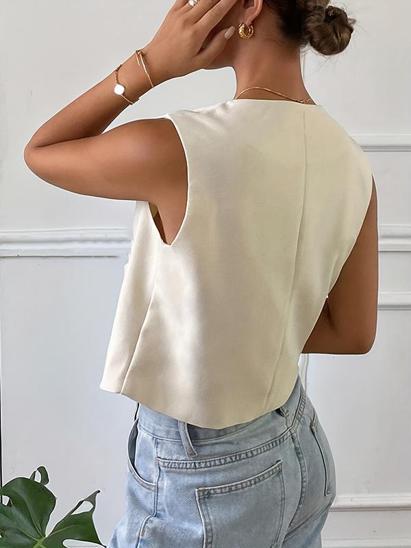 Loose Sleeveless Buttoned Pockets Split-Joint Round-Neck Vest Top Product Image