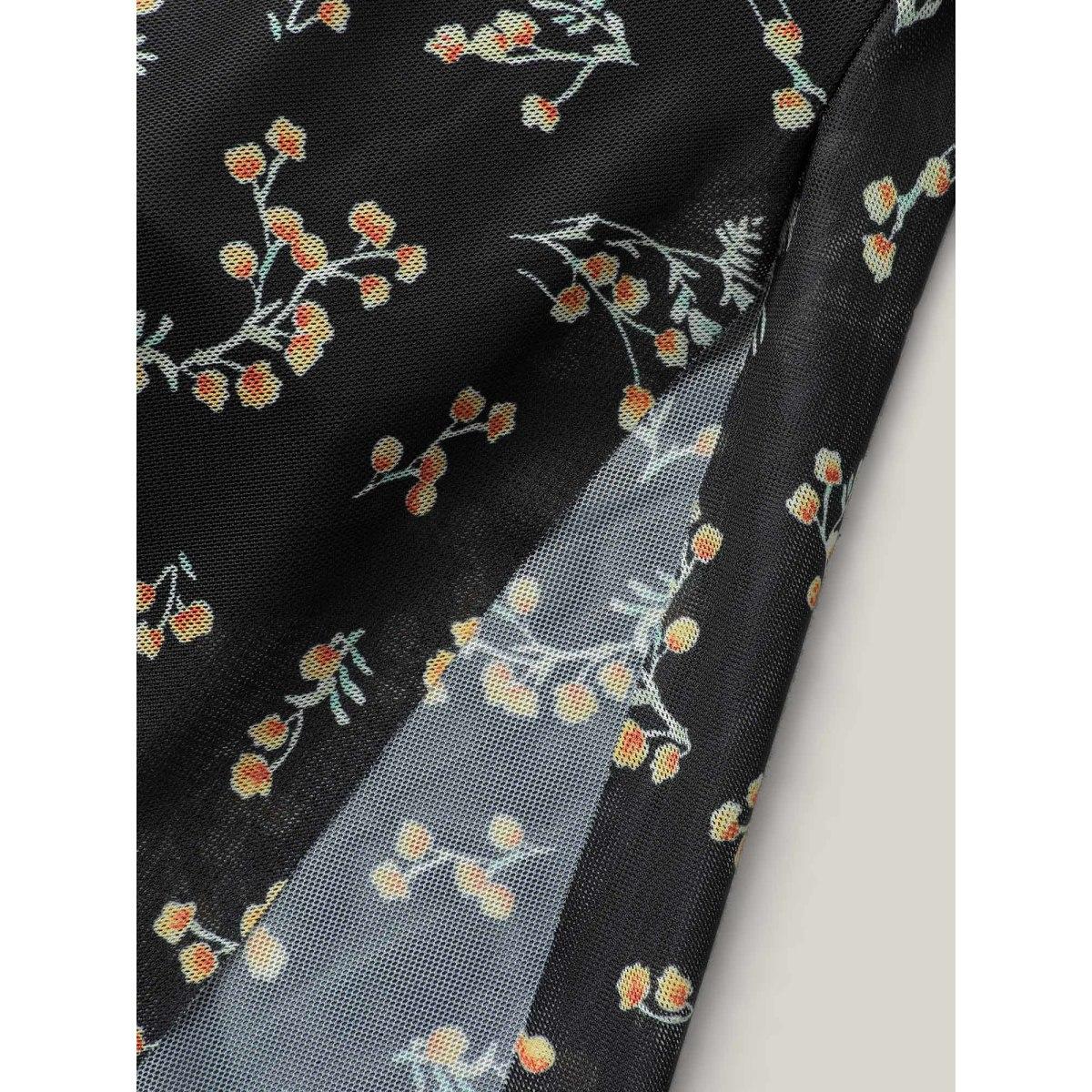 Plus Size Floral Mesh Sheer Splits Swim Dress Women's Swimwear Black Beach Bodycon Overlap Collar High stretch Curve Swim Dresses BloomChic 28/5X Product Image