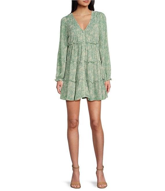 Allison & Kelly Floral Print V-Neck Long Sleeve Tiered Dress Product Image