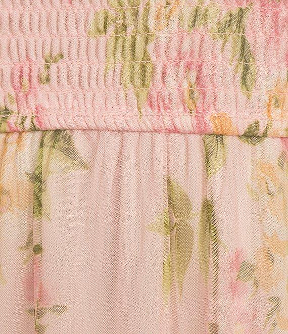 Blu Pepper Floral Print Mesh Round Neck Short Sleeve Smocked Midi Dress Product Image