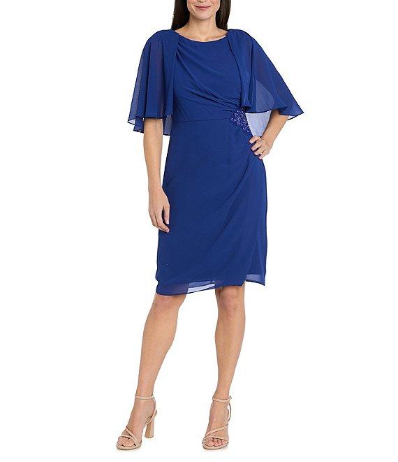 R & M Richards Round Neck Capelet Sleeve Souffle Crepe Chiffon Sheath Dress Product Image