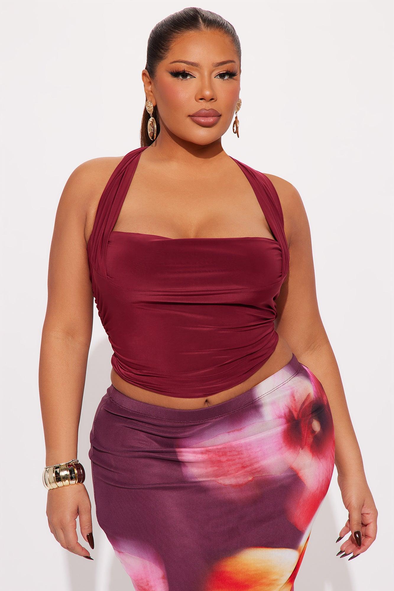 Don't Overthink Ruched Halter Top - Burgundy Product Image