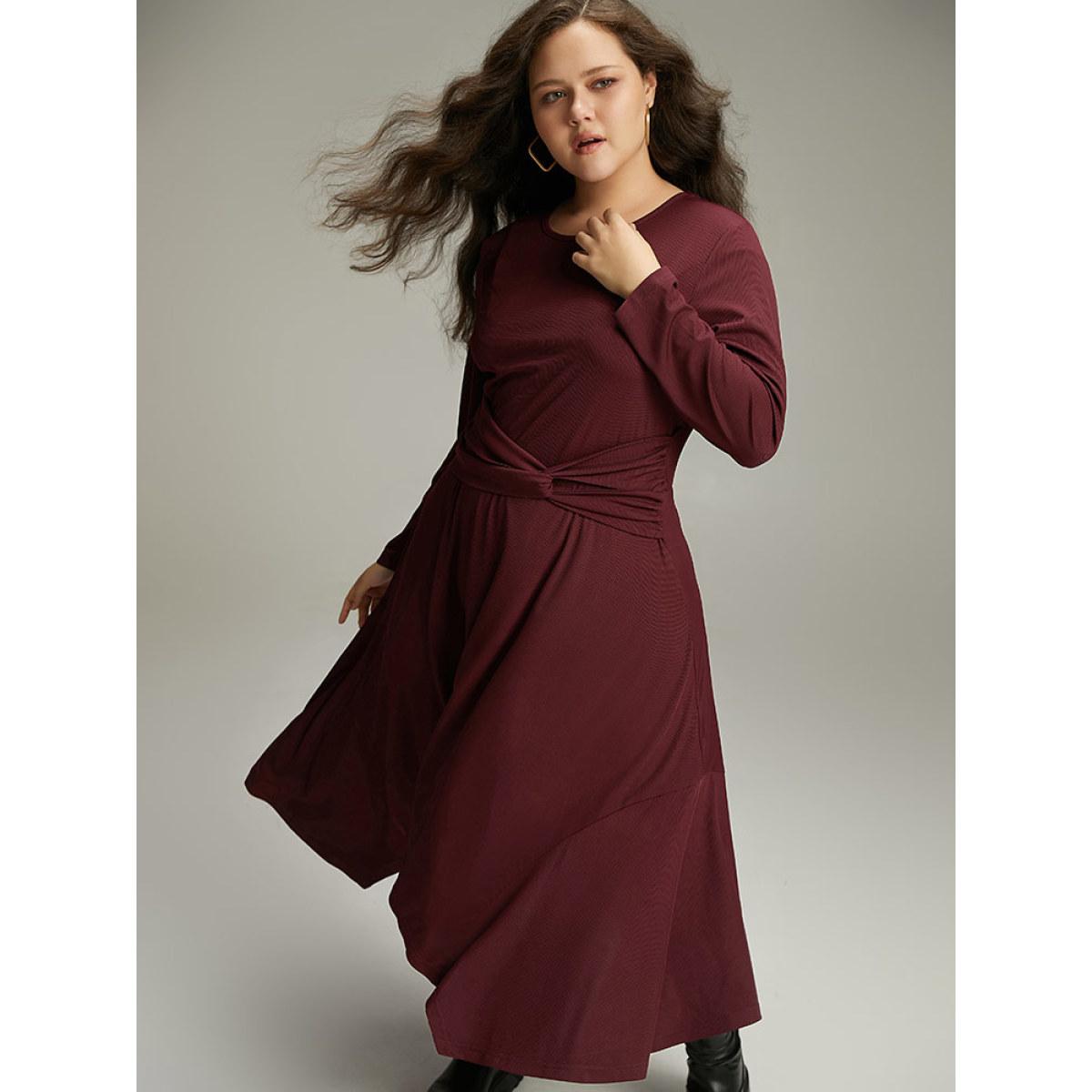 Plus Size Solid Rib Knit Crew Neck Twist Front Dress Burgundy Women Casual Plain Round Neck Long Sleeve Curvy Midi Dress BloomChic 22-24/3X Product Image
