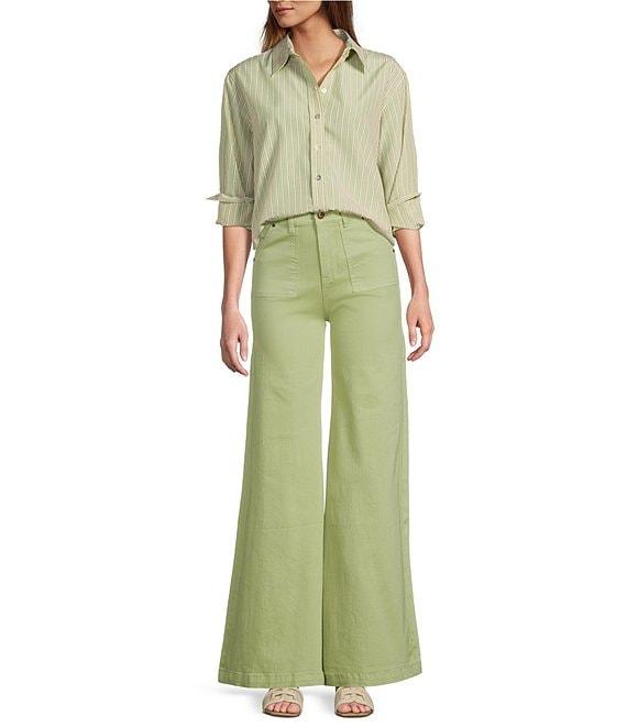 A Loves A Woven Pinstripe Point Collar Button Front Long Sleeve Shirt Product Image