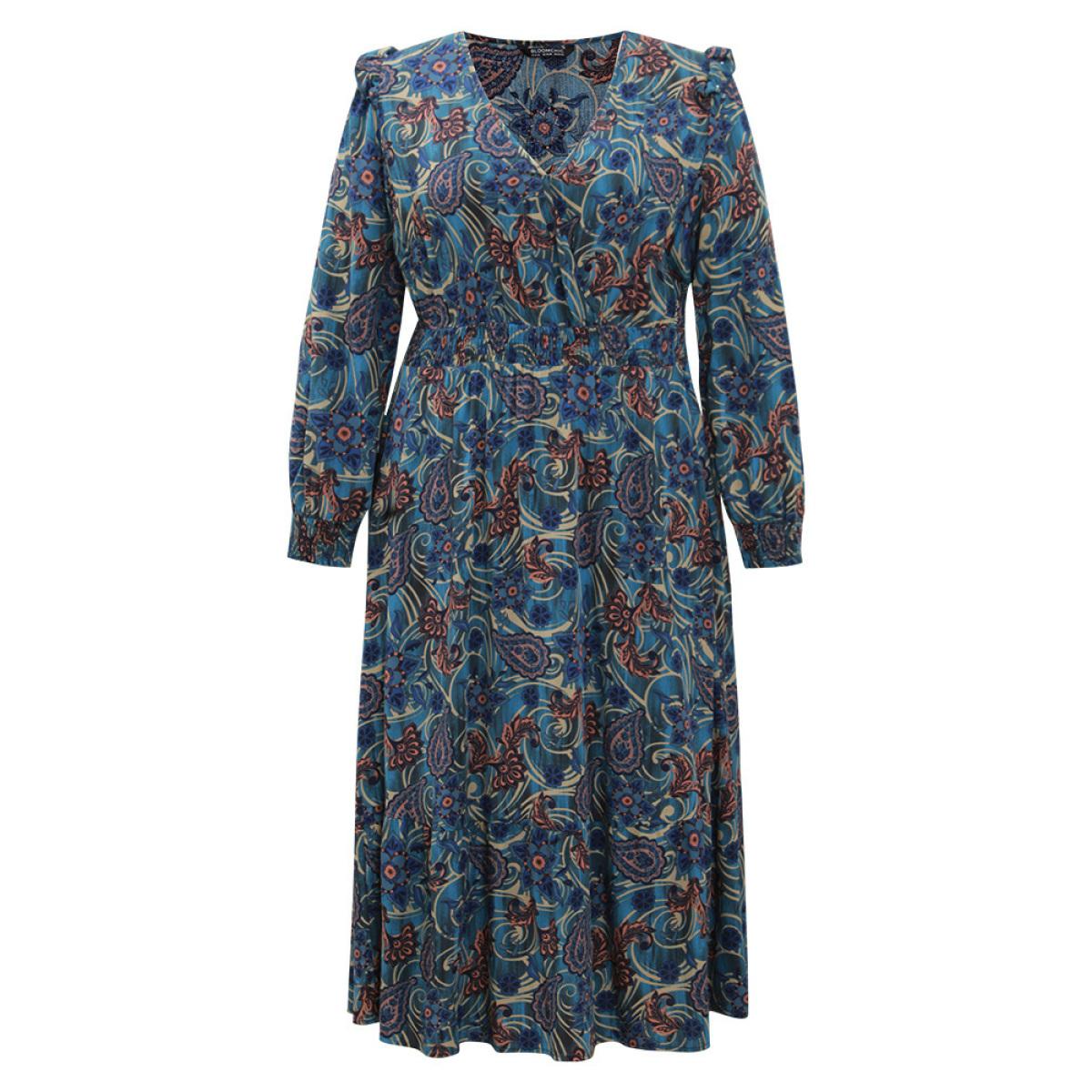 Plus Size Bandana Print Shirred Pocket Frill Trim Dress Aegean Women Vacation Wrap Overlap Collar Long Sleeve Curvy Midi Dress BloomChic 14-16/1X Product Image