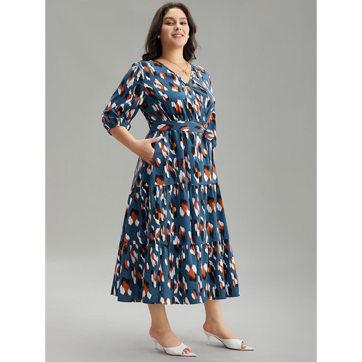 Plus Size Allover Print Ruffle Layered Hem Wrap Belted Dress Cerulean Women Office Elastic cuffs Overlap Collar Elbow-length sleeve Curvy Midi Dress BloomChic 28/5X Product Image