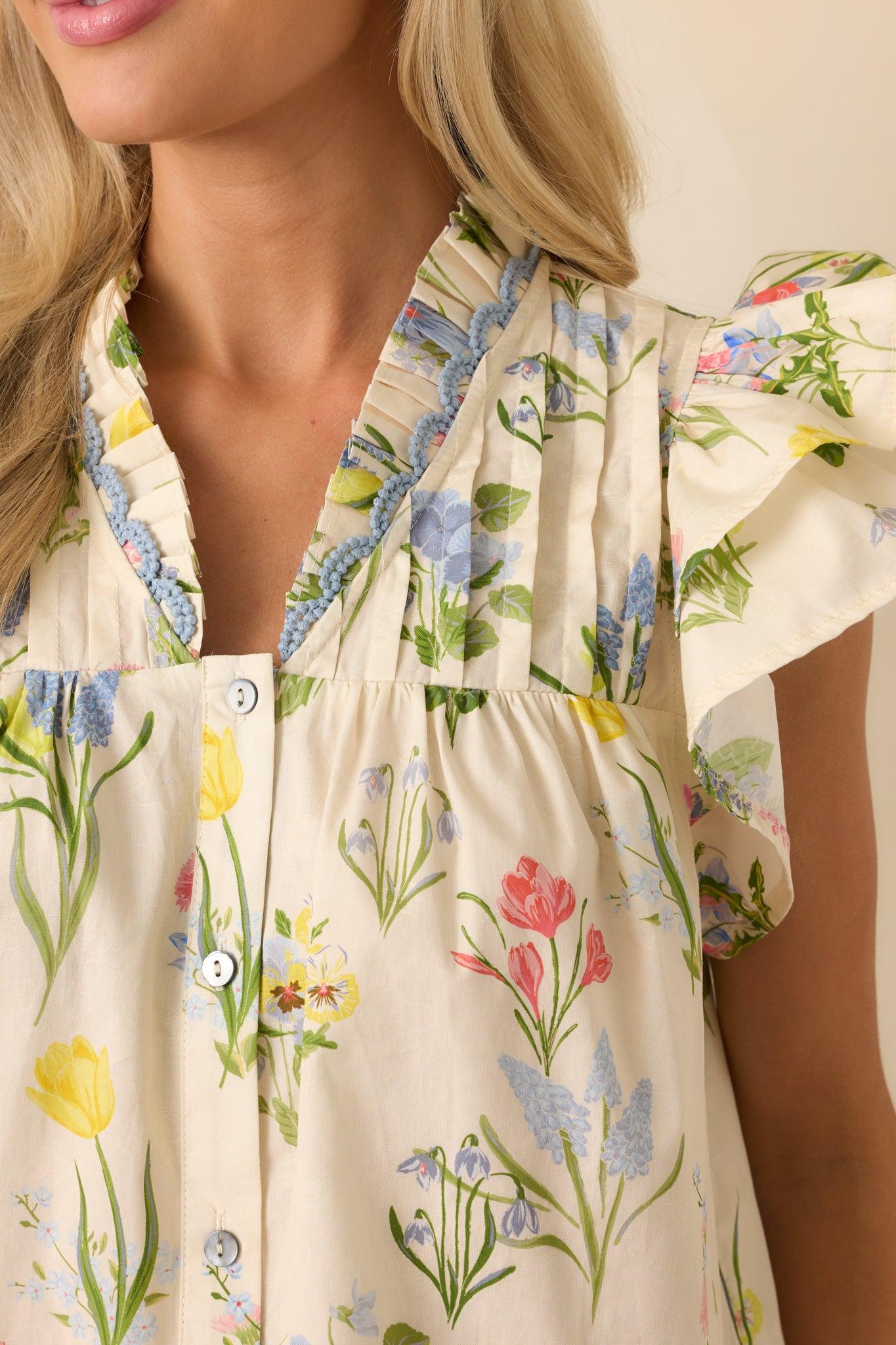 Worth The View Ivory Floral Print Cotton Button Front Top Product Image
