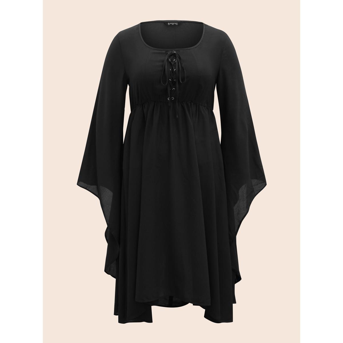 Plus Size Solid Bell Sleeve Pocket Ties High Low Hem Dress Black Women Playful Non V-neck Long Sleeve Curvy Midi Dress BloomChic 26/4X Product Image