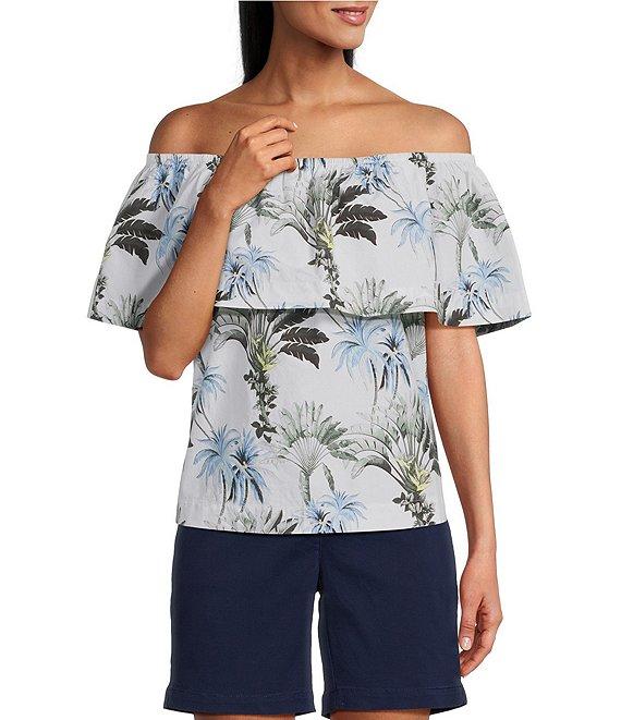 Tommy Bahama Palisade Tropical Palm Poplin Plain Weave Off-The-Shoulder Ruffle Top Product Image