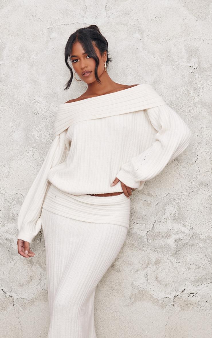 Tall Cream Fold Over Knitted Maxi Skirt Product Image