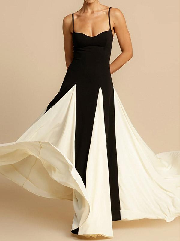 A-Line Sleeveless Contrast Color Pleated Split-Joint Spaghetti-Neck Evening Dresses Maxi Dresses Product Image