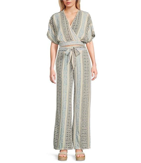 Angie Printed Surplus V-Neck Flutter Sleeve Wrap Cropped Top Product Image