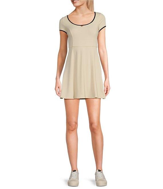 Honey & Sparkle 90s Rib Knit Scoop Neck Pico Edge Rosette Trim Short Sleeve A-Line Skater Dress Product Image