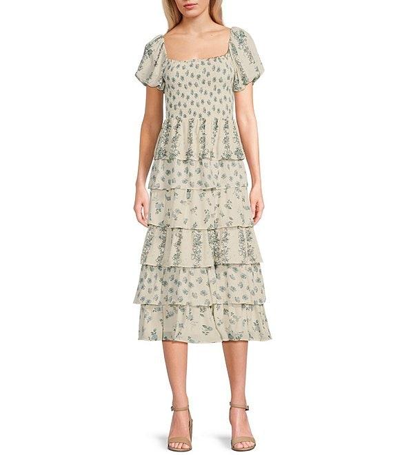 Midnight Doll Floral Print Short Puff Sleeve Tiered Ruffle Midi Dress Product Image