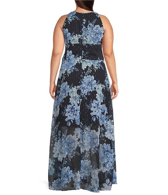 R & M Richards Plus Size Halter Keyhole Floral Chiffon A-Line Maxi Dress Product Image