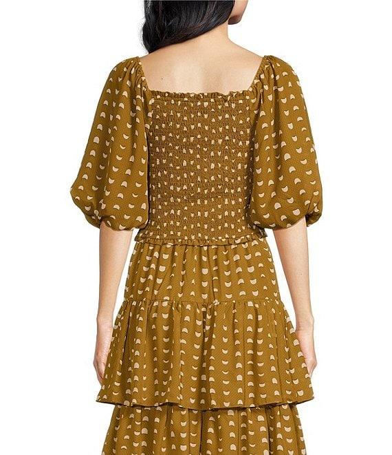 Skies Are Blue Chiffon Print Square Neck Short Puff Sleeve Coordinating Cropped Top Product Image