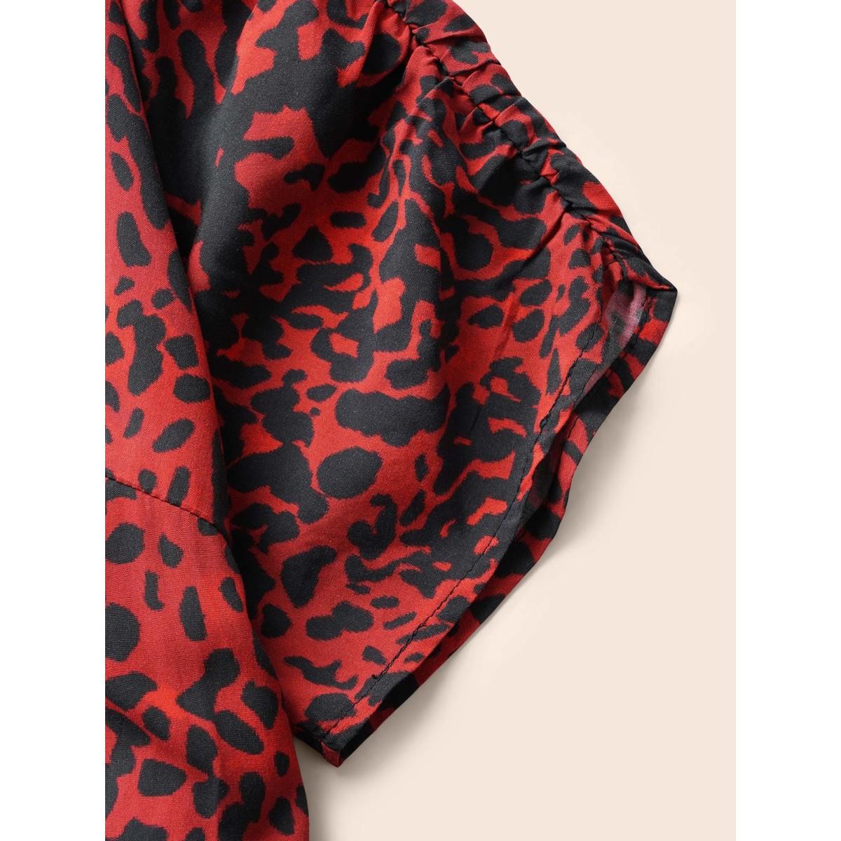 Plus Size Leopard Print V Neck Gathered Dress Burgundy Women Elegant Gathered Overlap Collar Short sleeve Curvy BloomChic 26/4X Product Image