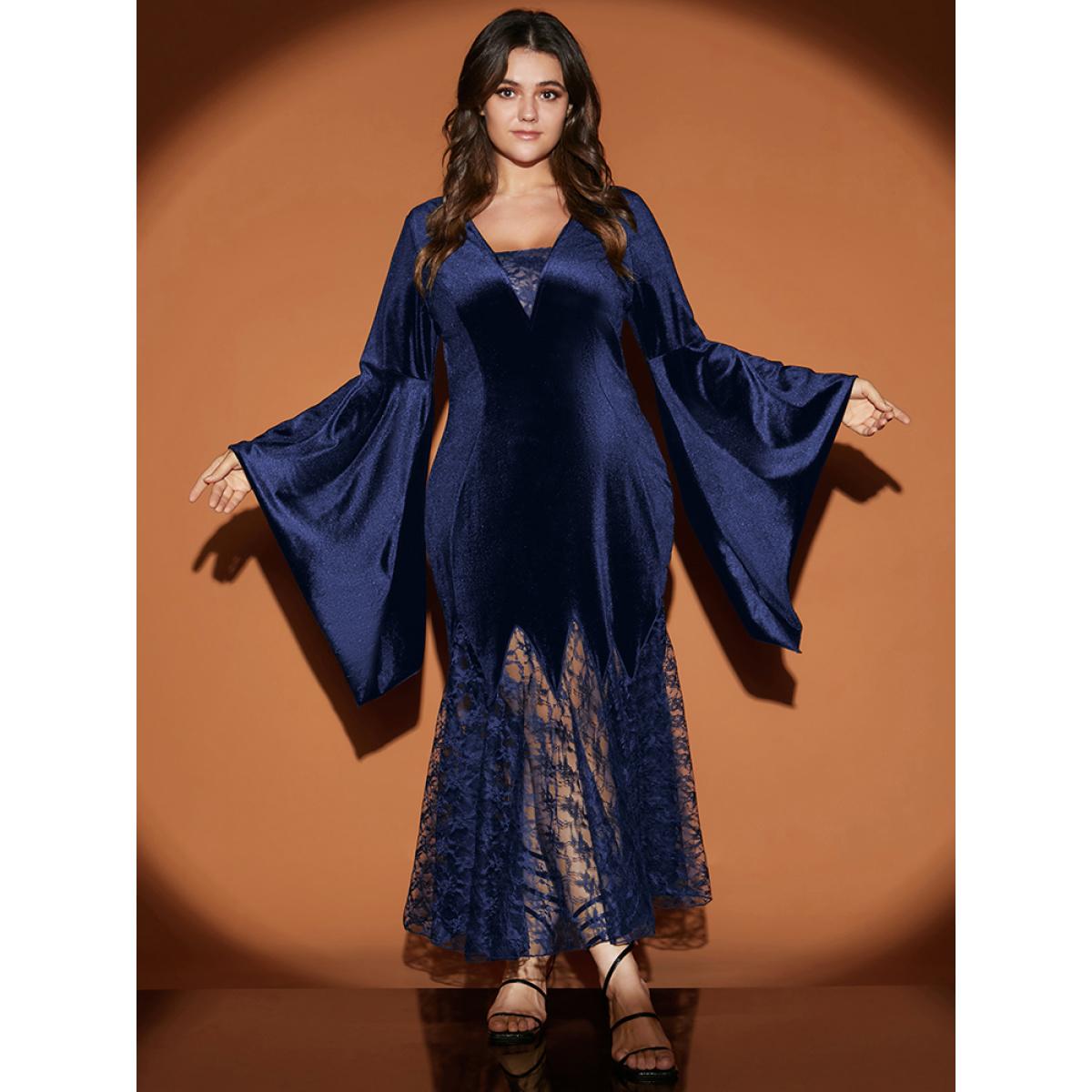 Plus Size Halloween Bell Sleeve Velvet Lace Insert Maxi Dress Navy Women Party Slit V-neck Long Sleeve Curvy Long Dress BloomChic 22-24/3X Product Image