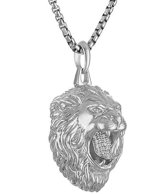 Bulova Men's Three-Dimensional Lion Head with Diamonds Stainless Steel Long Pendant Necklace Product Image