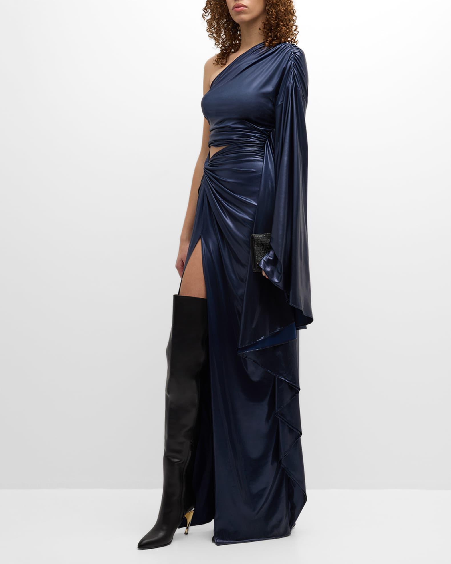 Coated Jersey One-Shoulder Ruched Slit Gown Product Image