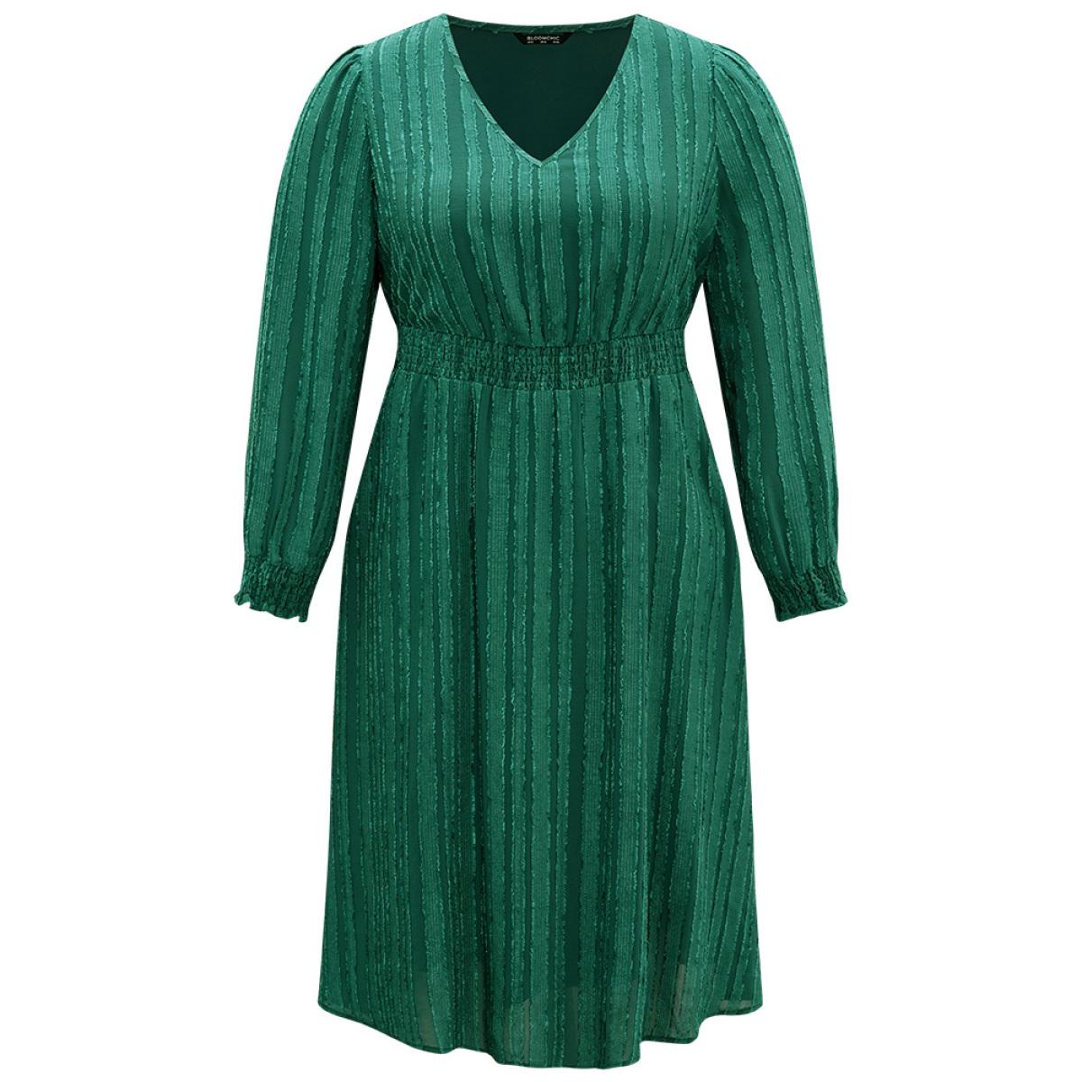 Plus Size Solid Lantern Sleeve Pocket Plisse Shirred Dress DarkGreen Women Party Texture V-neck Long Sleeve Curvy Midi Dress BloomChic 10/M Product Image