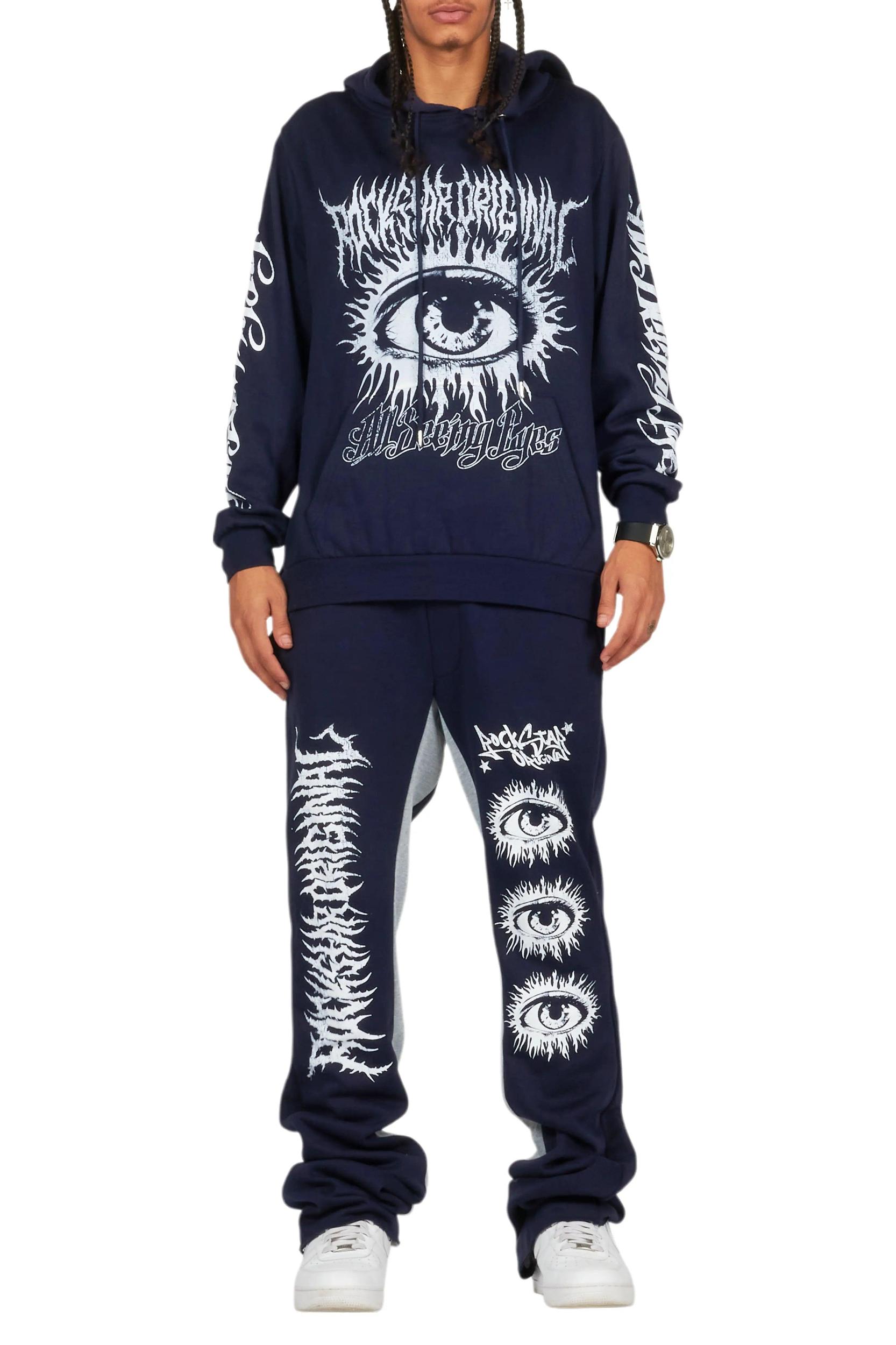 All Seeing Eyes Navy Hoodie/Baggy Track Pant Set Male Product Image