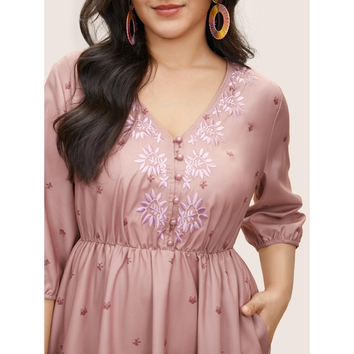 Plus Size Floral Embroidered Button Up Lantern Sleeve Dress DustyPink Women Resort Non V-neck Elbow-length sleeve Curvy Midi Dress BloomChic 26/4X Product Image