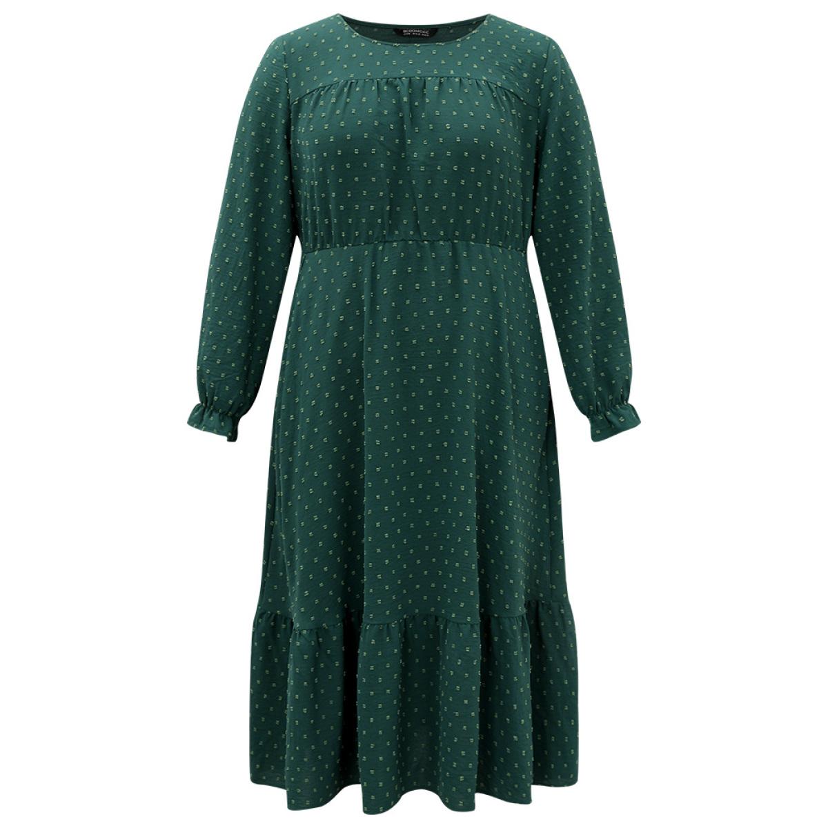 Plus Size Plisse Polka Dot Pocket Layered Hem Dress DarkGreen Women Elegant Texture Round Neck Long Sleeve Curvy Midi Dress BloomChic 12/L Product Image