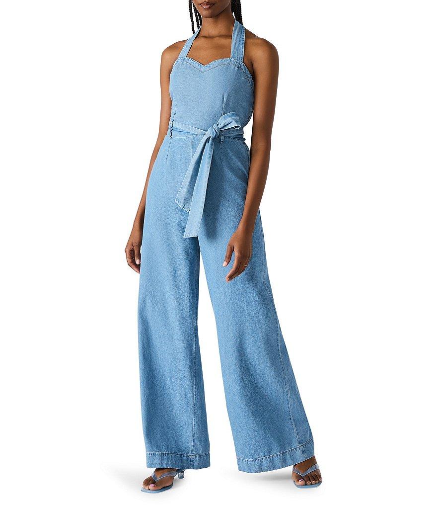 Steve Madden Artie Halter Neck Sleeveless Belted Chambray Jumpsuit Product Image