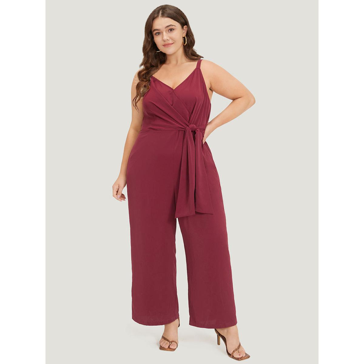 Plus Size Scarlet Plain Surplice Neck Twist Front Cami Jumpsuit Women Elegant Sleeveless Spaghetti Strap Dailywear Loose Jumpsuits BloomChic 30/6X Product Image