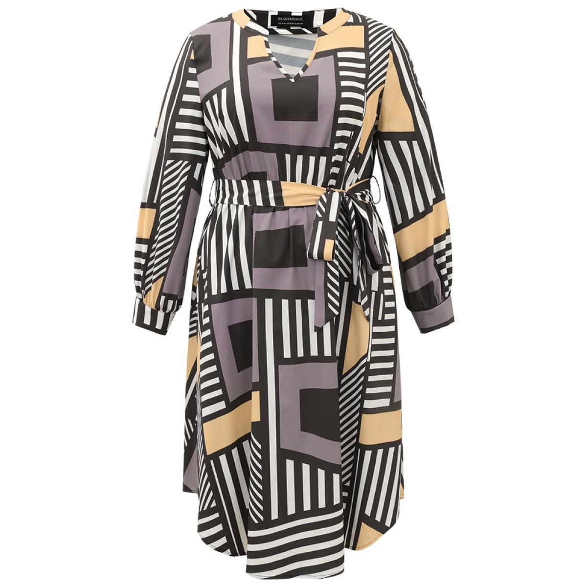 Plus Size Colorblock Geometric Notched Elastic Waist Arc Hem Dress Multicolor Women Office Printed Notched collar Long Sleeve Curvy Midi Dress BloomChic 14-16/1X Product Image