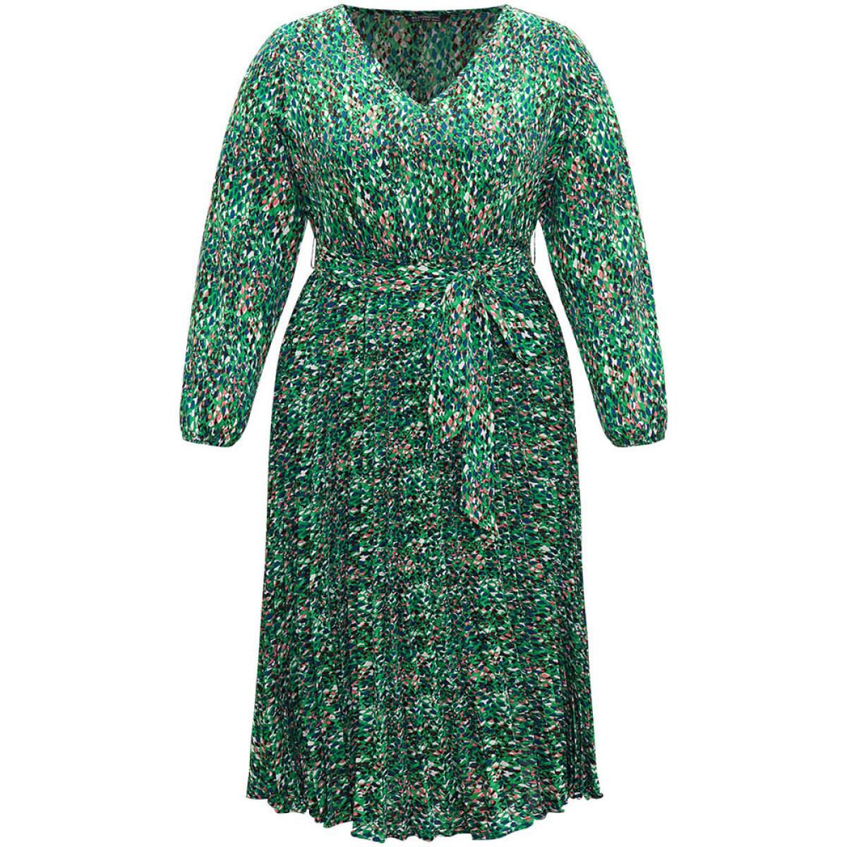 Plus Size Ditsy Floral Belted Pleated Dress Cyan Women Glamour Belted V-neck Long Sleeve Curvy Midi Dress BloomChic 22-24/3X Product Image