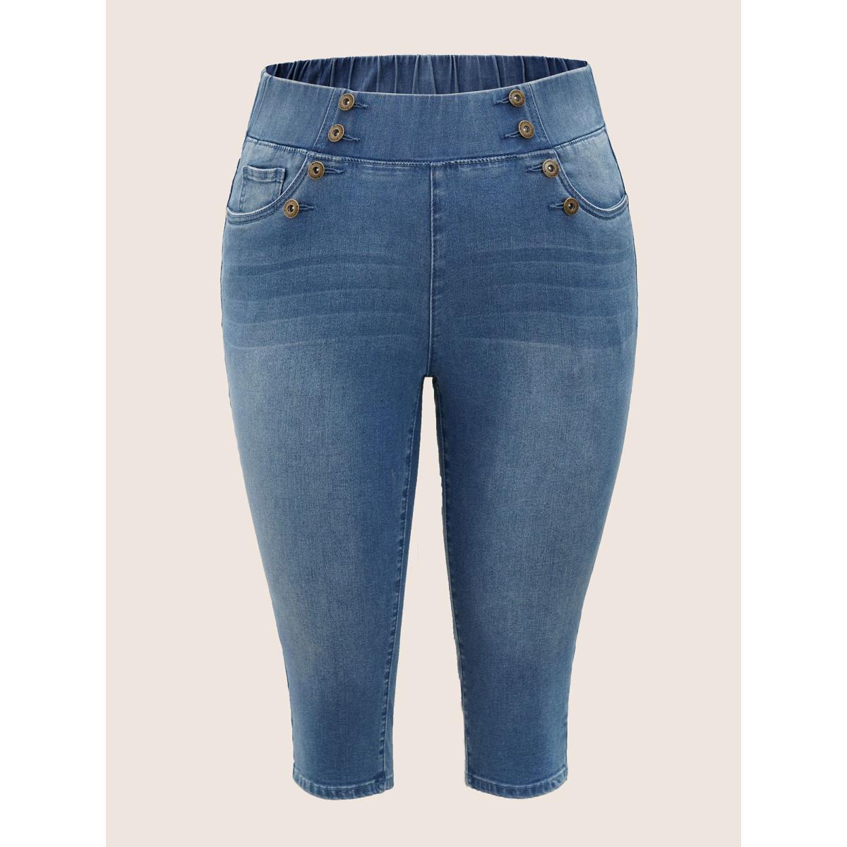 Plus Size Light Wash Button Detail Pull On Jegging Jeans Women Blue Casual Plain Non High stretch Slanted pocket Jeans BloomChic 14/1X Product Image