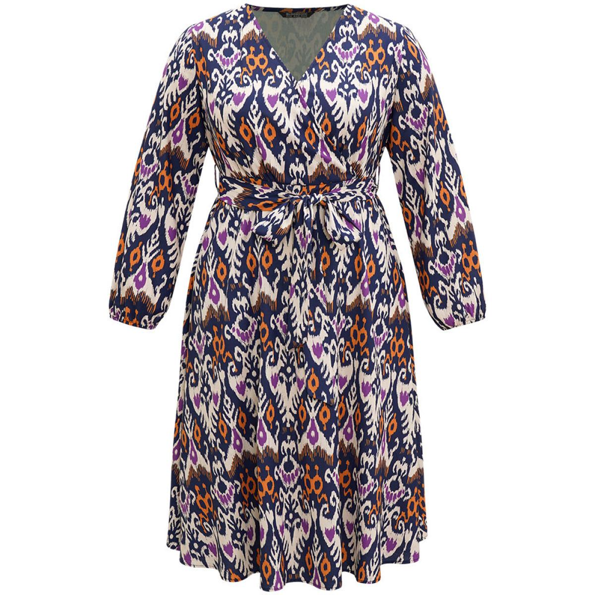 Plus Size Boho Print Overlap Collar Elastic Waist Belted Dress DarkBlue Women Resort Elastic cuffs Overlap Collar Long Sleeve Curvy Midi Dress BloomChic 26/4X Product Image