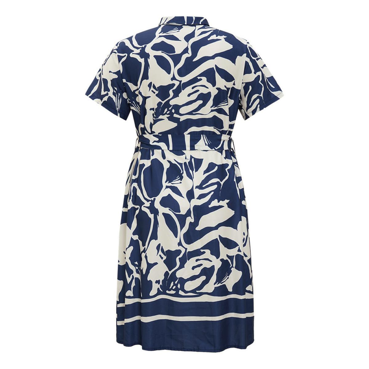 Plus Size Geometric Print Flutter Pocket Belt Shirt Collar Dress DarkBlue Women Elegant Lapel Collar Short sleeve Curvy Knee Dress BloomChic 30/6X Product Image